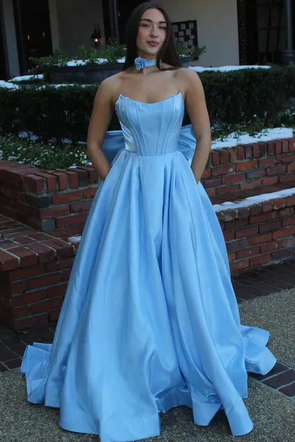 Modest Satin A-Line Crew Strapless Party Prom Dress With Bow