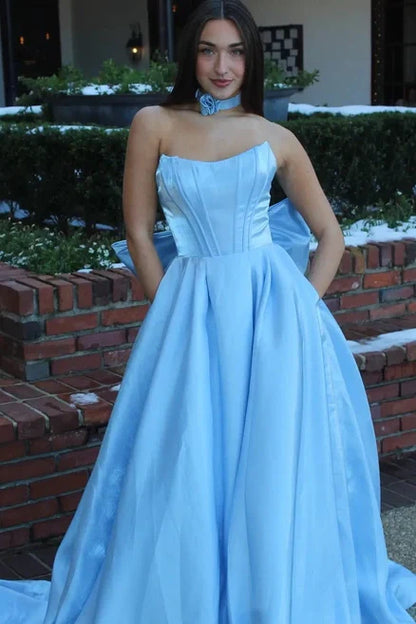 Modest Satin A-Line Crew Strapless Party Prom Dress With Bow