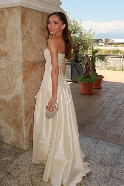 Modest Satin A-Line Strapless Party Prom Dress