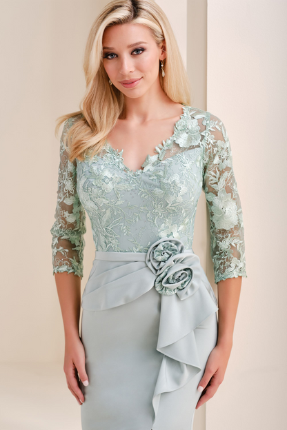 Elegant V-Neck 3/4 Sleeve Lace Flowers Mermaid Evening Dress