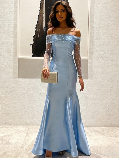 Column Elegant Evening Dresses Satin Off Shoulder Floor-Length Formal Dress