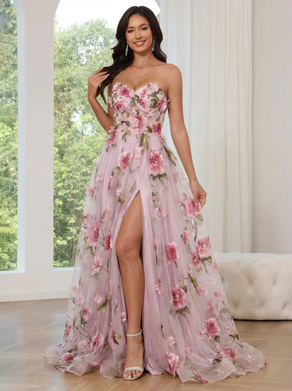 Princess Strapless Long Prom Floral Dresses With Split Side