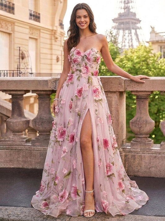 Princess Strapless Long Prom Floral Dresses With Split Side