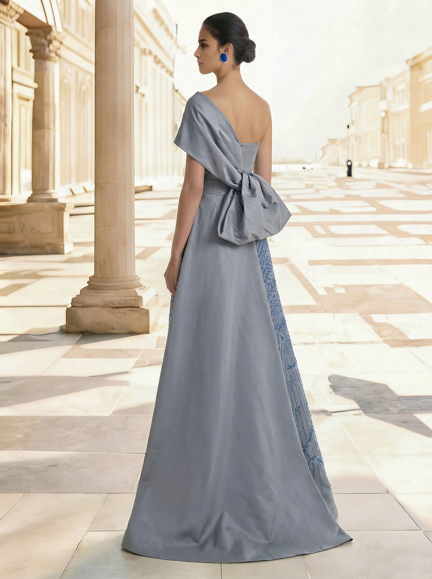 Taffeta One-Shoulder Sleeveless Floor-Length With Back Bow