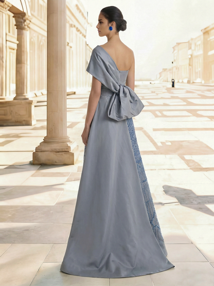 Taffeta One-Shoulder Sleeveless Floor-Length With Back Bow