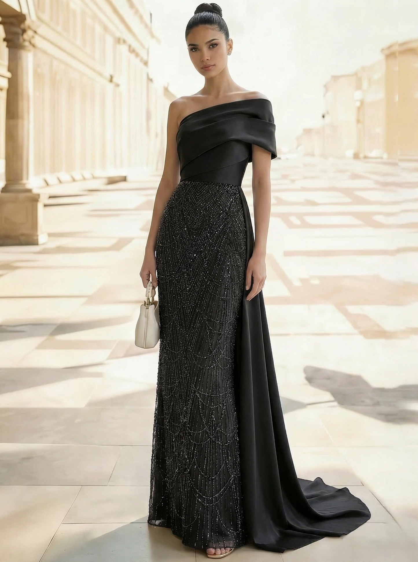 Taffeta One-Shoulder Sleeveless Floor-Length With Back Bow