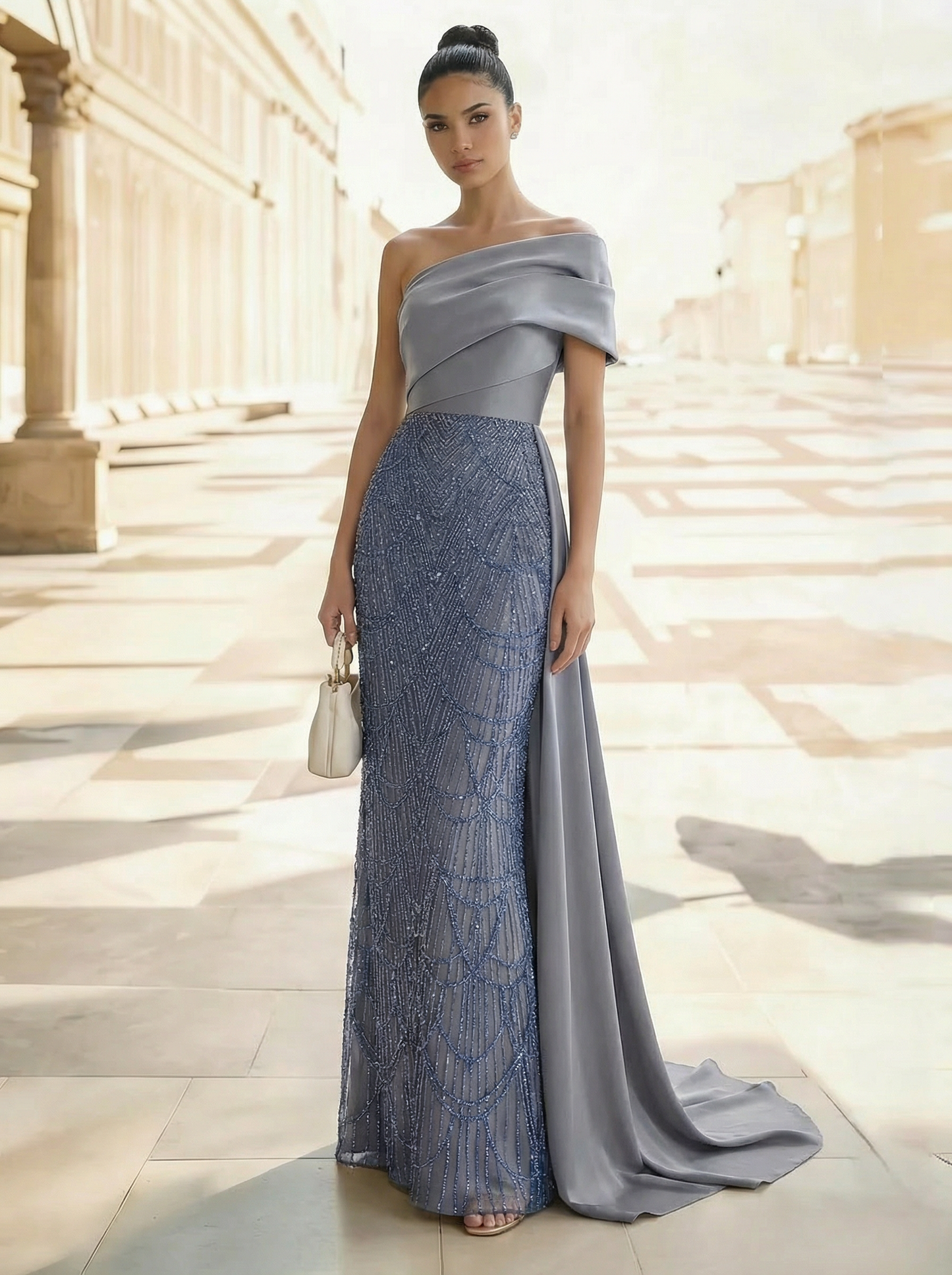 Taffeta One-Shoulder Sleeveless Floor-Length With Back Bow