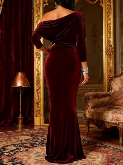 One Shoulder Long Sleeves Elegant Formal Dress