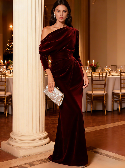 One Shoulder Long Sleeves Elegant Formal Dress