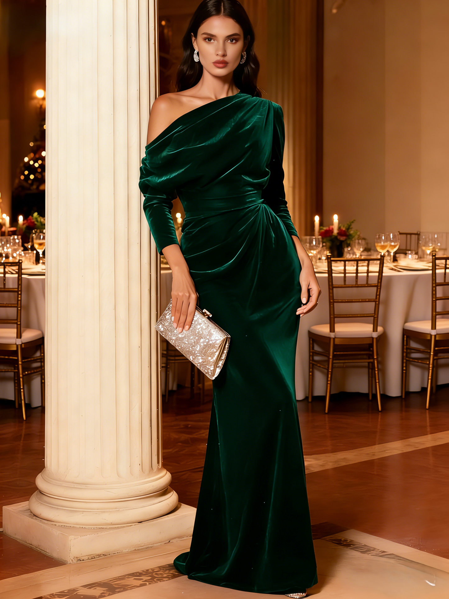 One Shoulder Long Sleeves Elegant Formal Dress