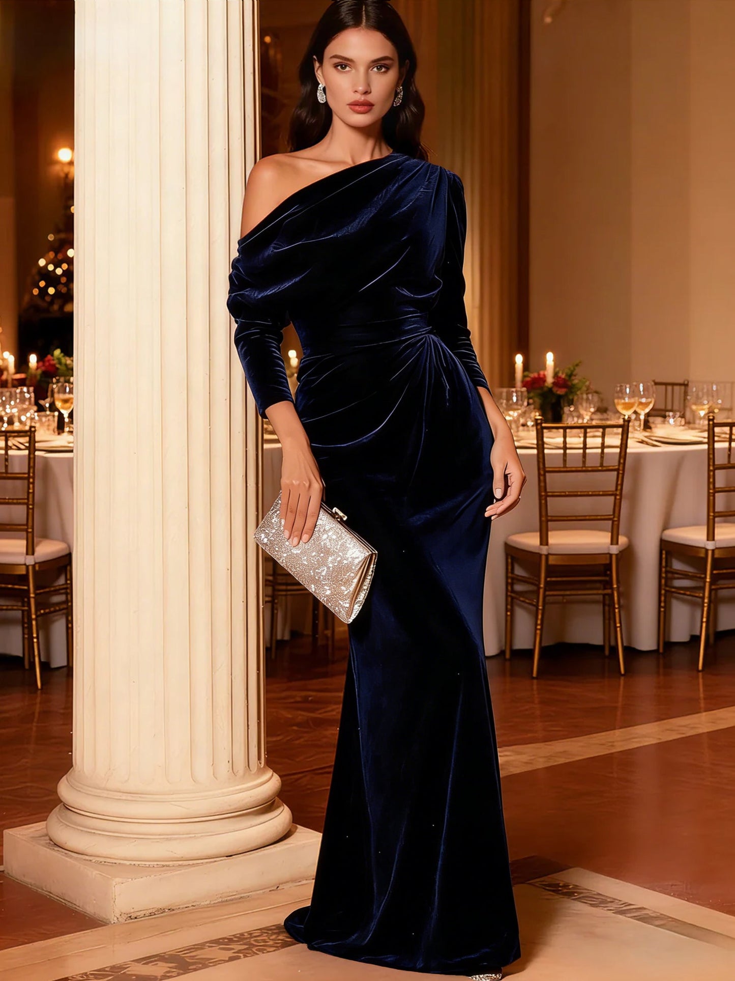 One Shoulder Long Sleeves Elegant Formal Dress