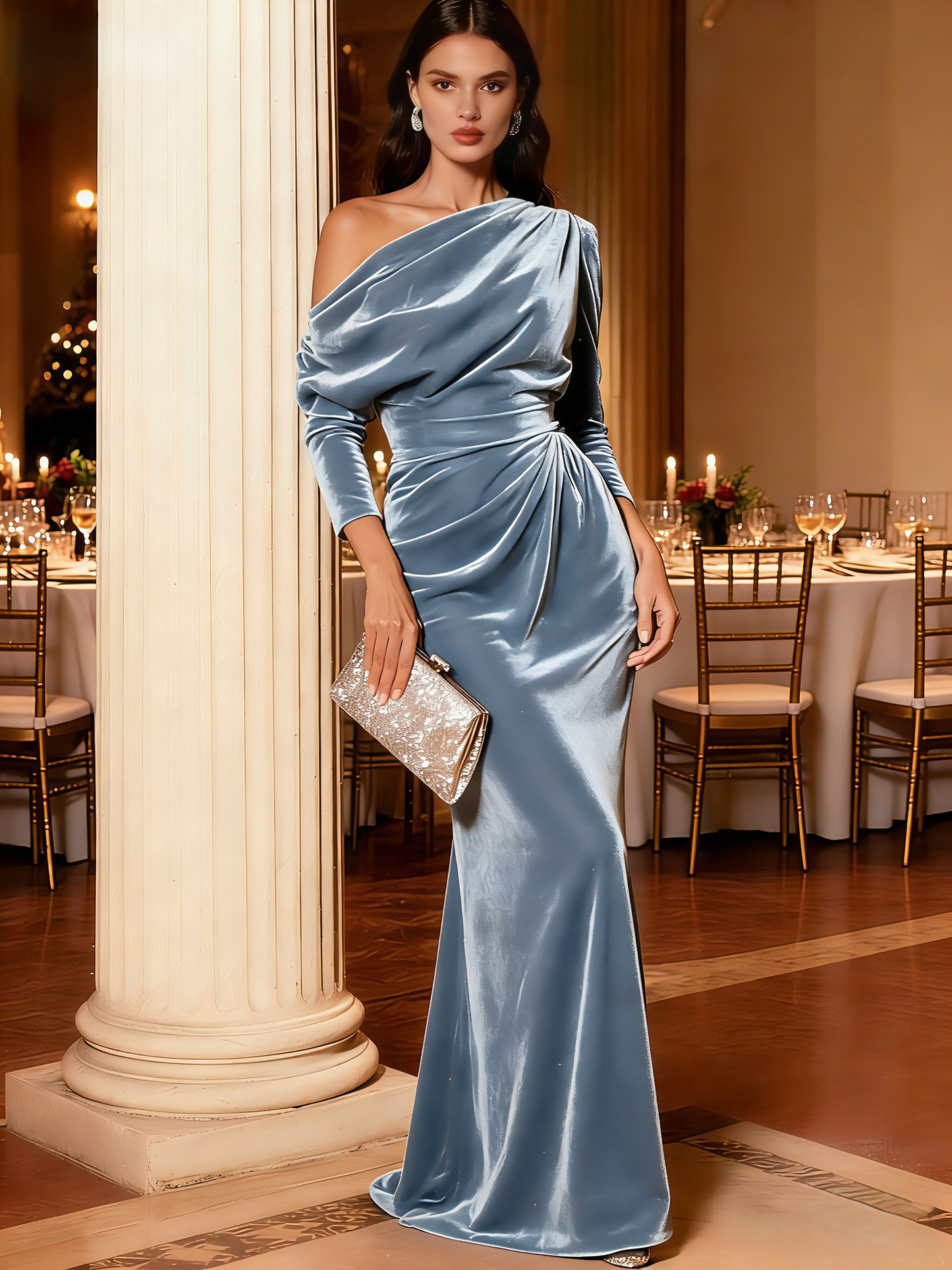 One Shoulder Long Sleeves Elegant Formal Dress