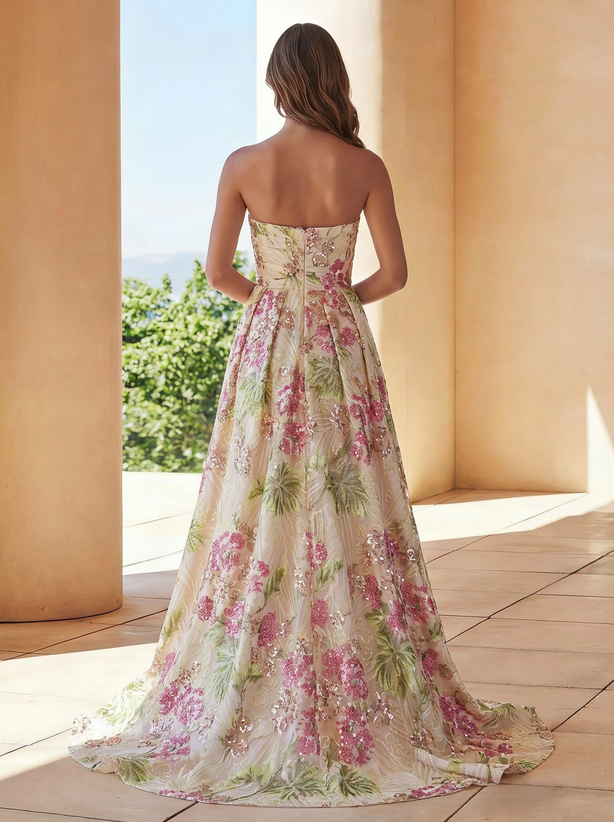 Sparkly Pink Floral Strapless Floor-Length Beads Formal Gowns