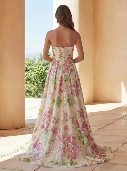 Sparkly Pink Floral Strapless Floor-Length Beads Formal Gowns