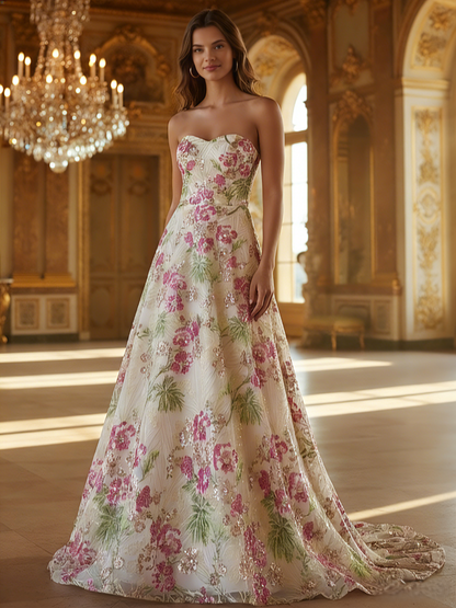 Sparkly Pink Floral Strapless Floor-Length Beads Formal Gowns
