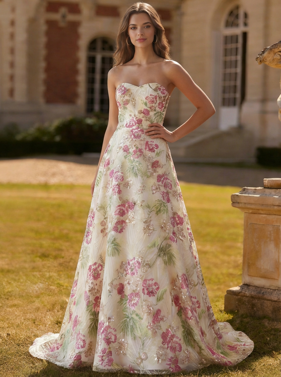 Sparkly Pink Floral Strapless Floor-Length Beads Formal Gowns