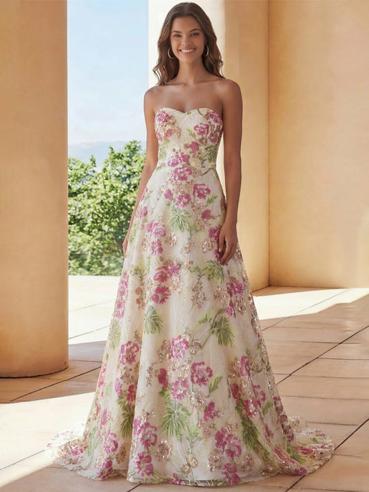 Sparkly Pink Floral Strapless Floor-Length Beads Formal Gowns
