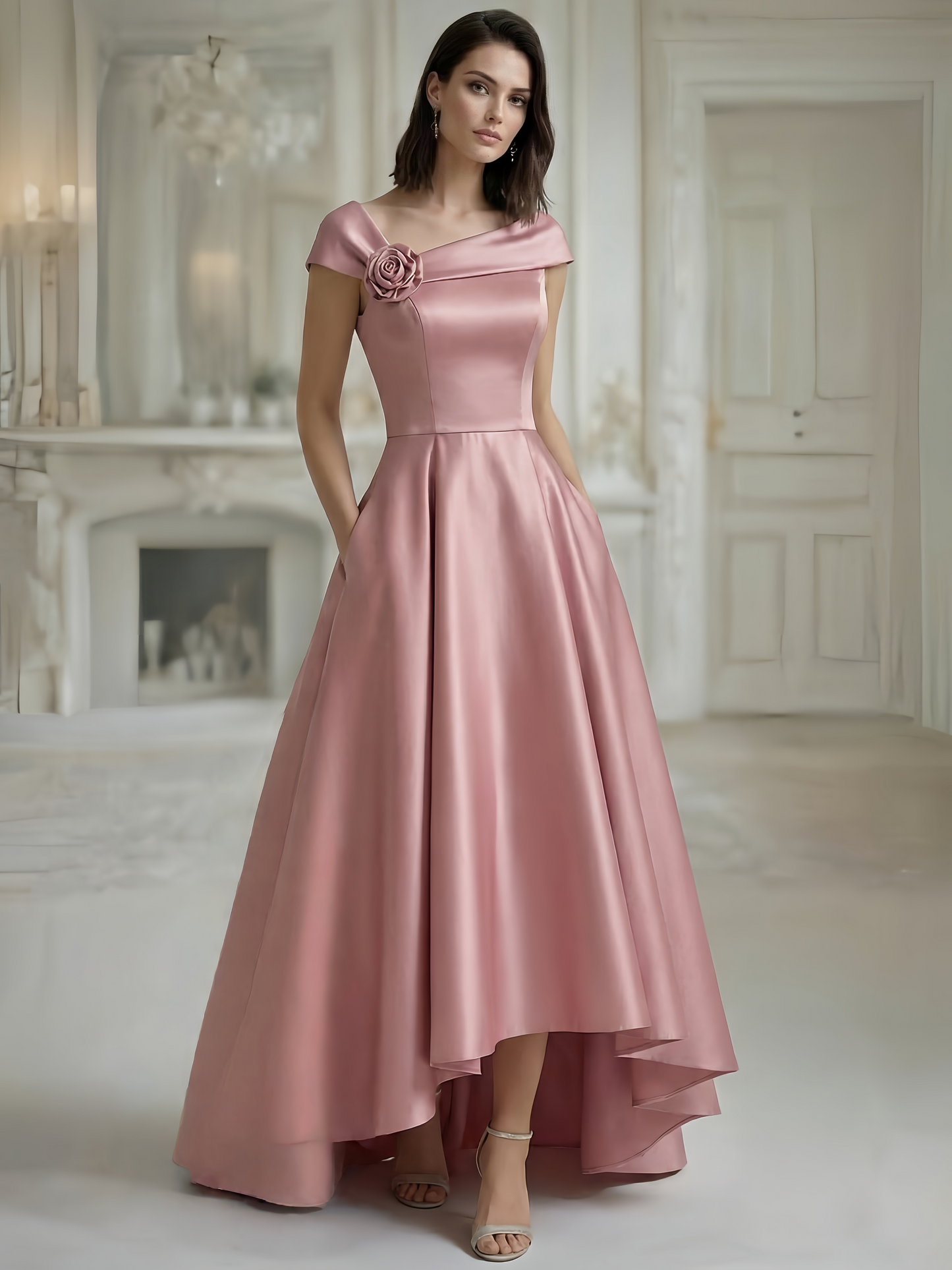 Elegant Asymmetrical Pocket Satin Evening Dresses