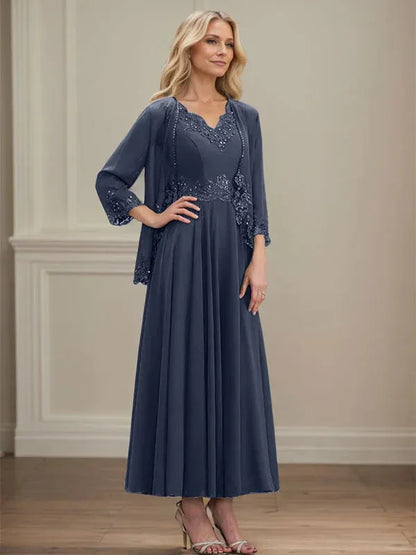 A-line V-Neck Ankle-Length Chiffon Mother of the Bride Dress