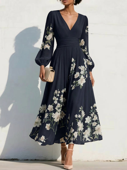 V-Neck Print-Chiffon Pleated Tea-Length Mother of the Bride Dress