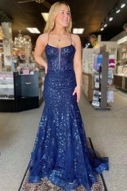 Navy Blue Mermaid Spaghetti Straps V-neck Lace Appliques Prom Dress