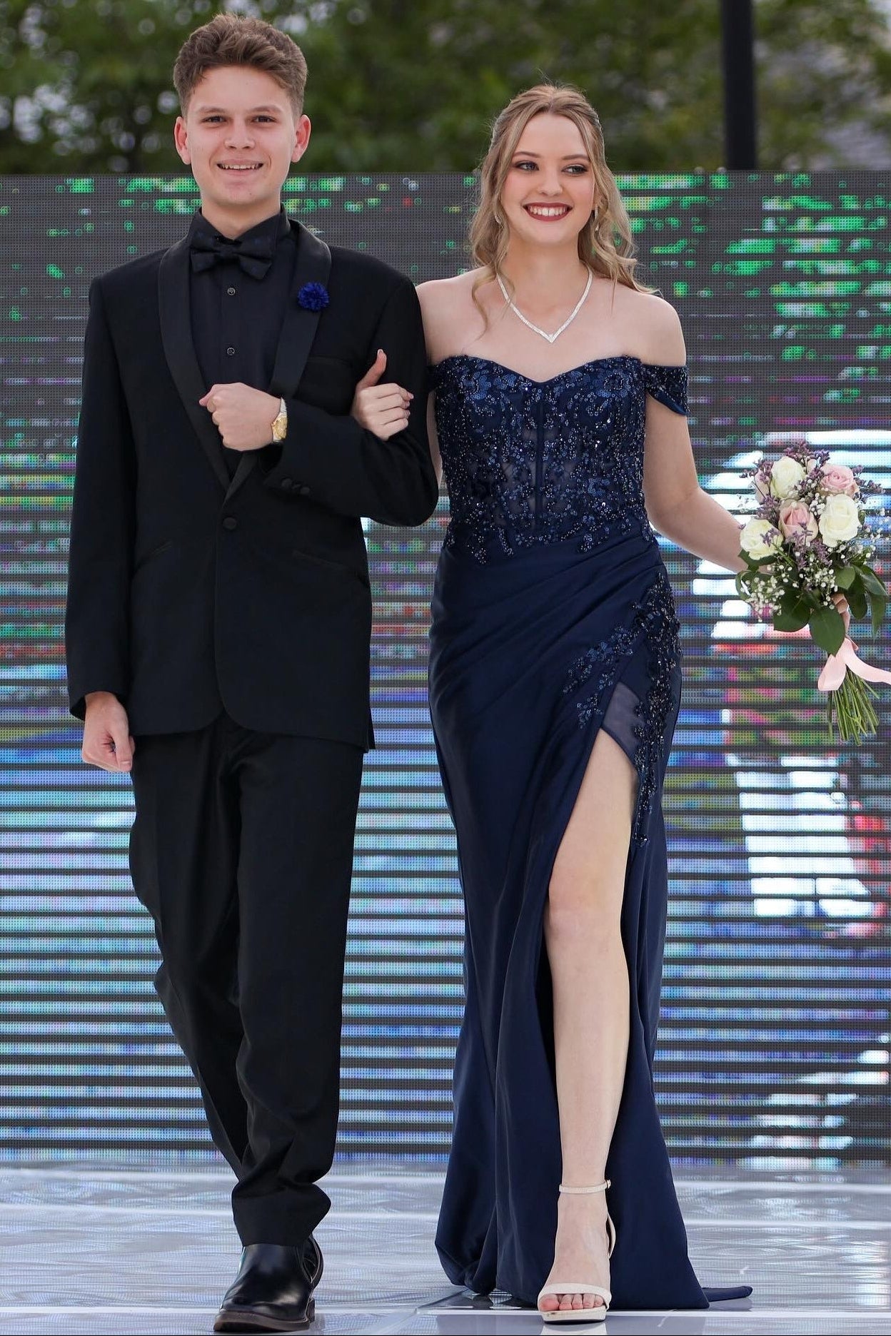 Navy Blue Sequin Appliques Long Dress with Slit