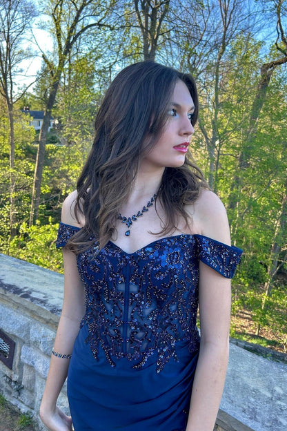 Navy Blue Sequin Appliques Long Dress with Slit
