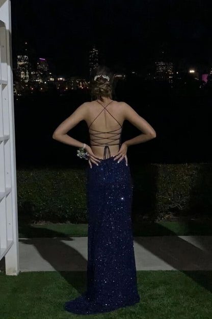 Navy Blue Sequins Mermaid Cross Back Long Prom Dresses With Slit