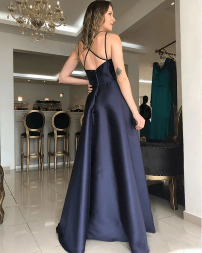 Navy Blue Spaghetti Straps Satin A Line Long Prom Dress