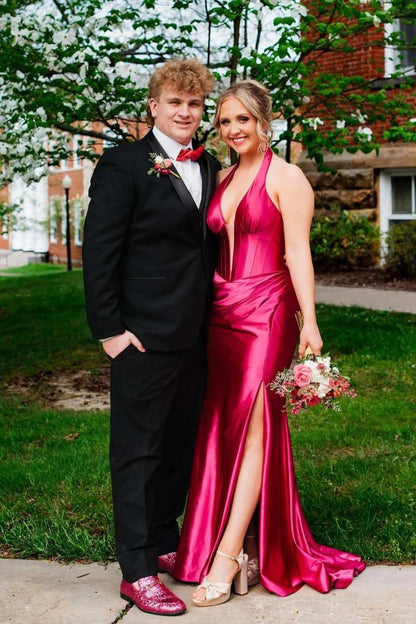 Navy Halter Mermaid Long Prom Dress with Slit