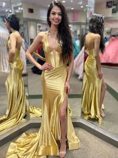 Navy Halter Mermaid Long Prom Dress with Slit