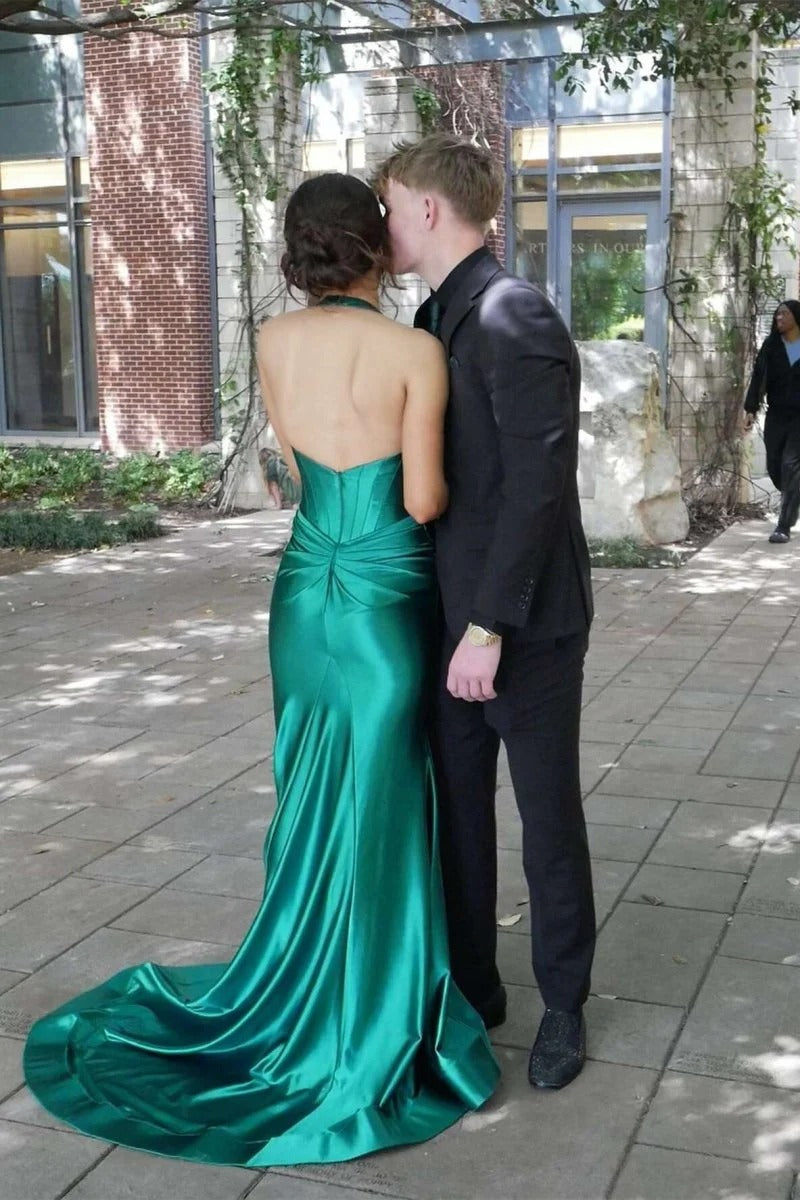 Navy Halter Mermaid Long Prom Dress with Slit
