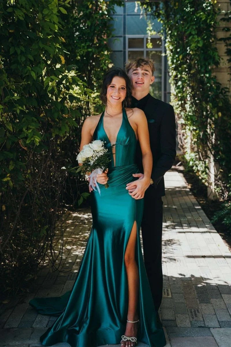 Navy Halter Mermaid Long Prom Dress with Slit