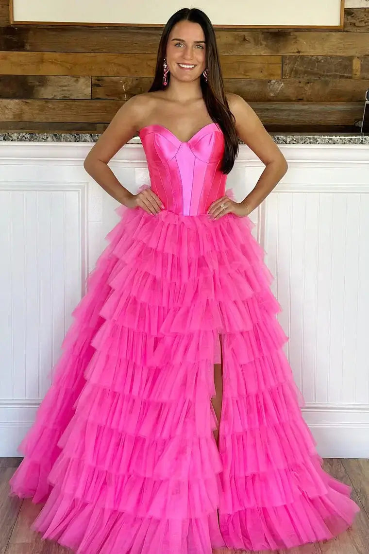 New Design Strapless Ruffles Prom Dress Tulle Long Formal Gown