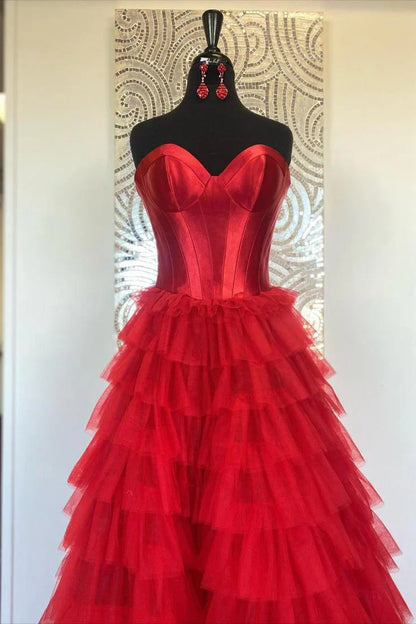 New Design Strapless Ruffles Prom Dress Tulle Long Formal Gown