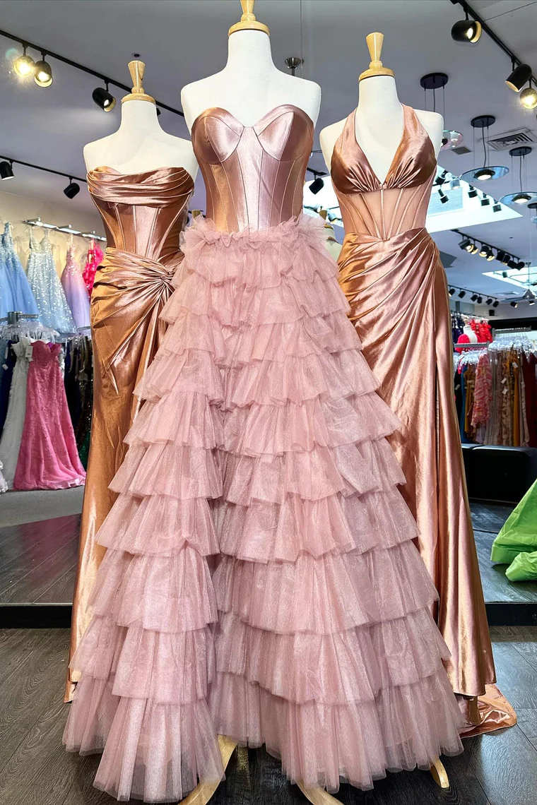 New Design Strapless Ruffles Prom Dress Tulle Long Formal Gown
