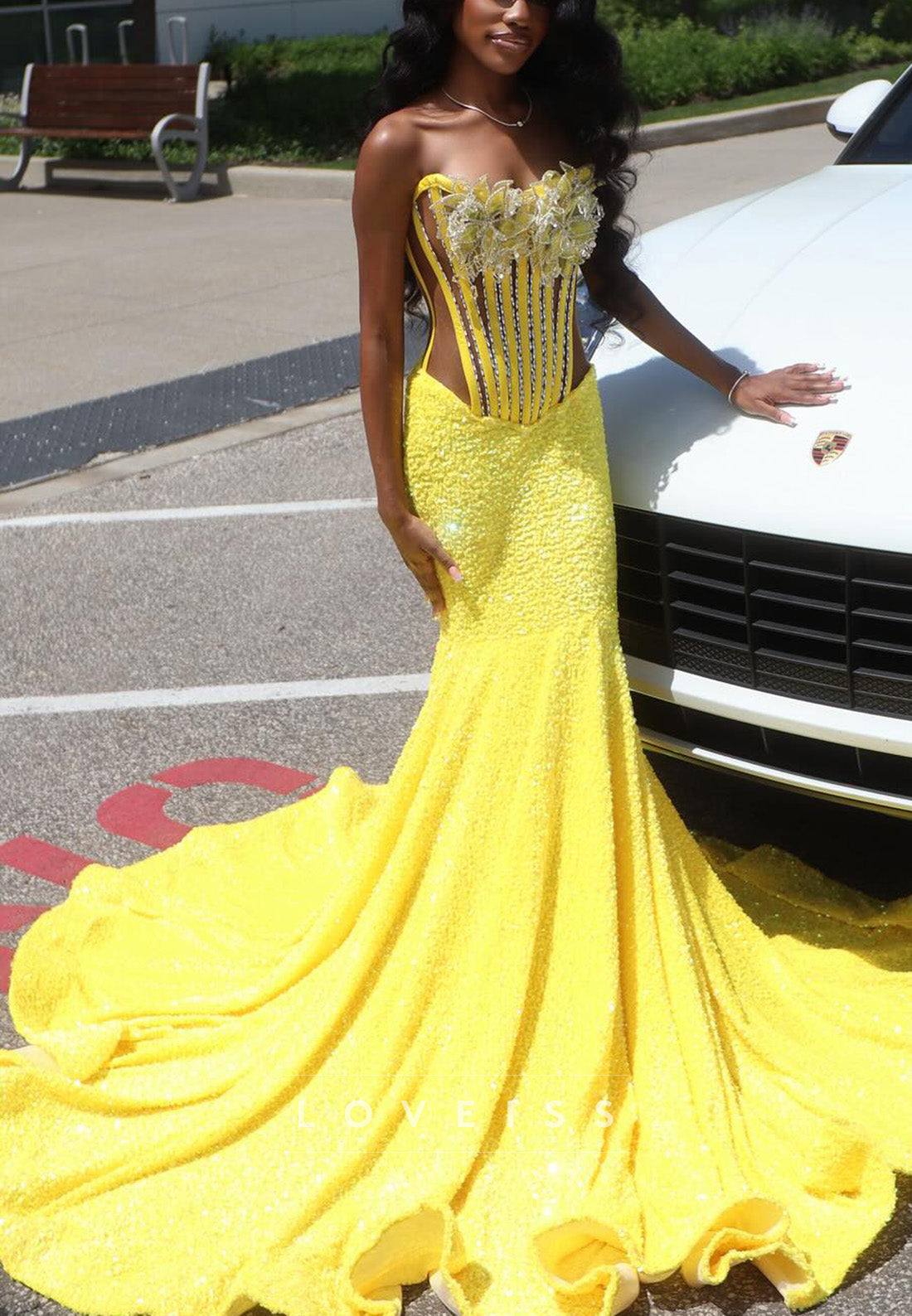 Off-Shoulder Floral Sequins Sparkly Mermaid Prom Dress