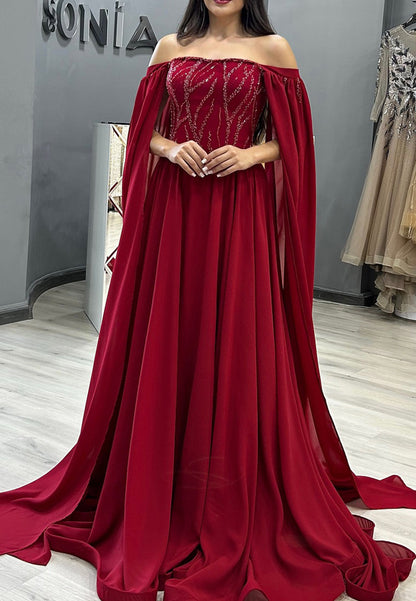 Off-Shoulder Long Sleeves Pleated Beaded Formal Dress A-Line Evening Dress