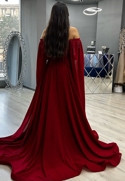 Off-Shoulder Long Sleeves Pleated Beaded Formal Dress A-Line Evening Dress