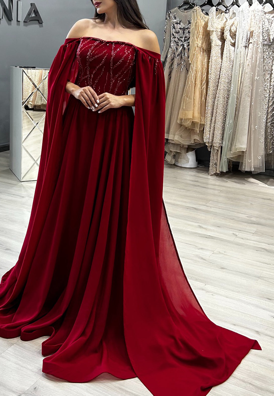 Off-Shoulder Long Sleeves Pleated Beaded Formal Dress A-Line Evening Dress