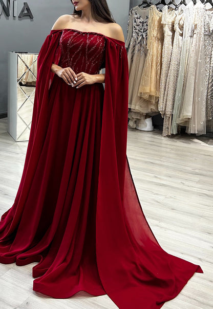 Off-Shoulder Long Sleeves Pleated Beaded Formal Dress A-Line Evening Dress