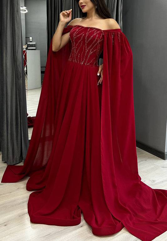 Off-Shoulder Long Sleeves Pleated Beaded Formal Dress A-Line Evening Dress