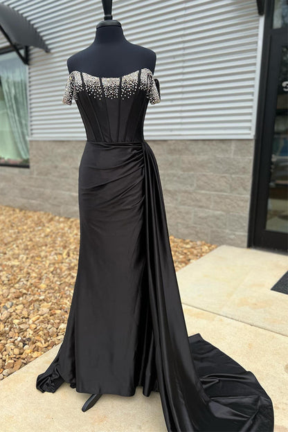 Off-Shoulder Mermaid Black Long Prom Dress With Beading
