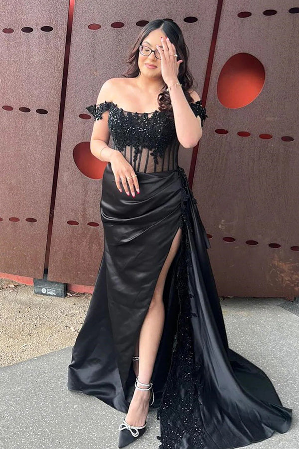 Off-Shoulder Mermaid Floral Long Prom Dress with Slit