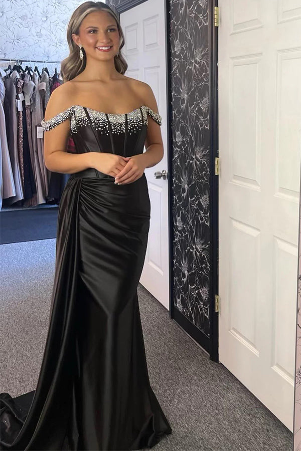 Off-Shoulder Mermaid Black Long Prom Dress With Beading