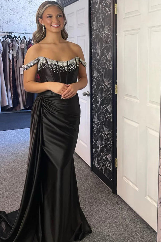 Off-Shoulder Mermaid Black Long Prom Dress With Beading