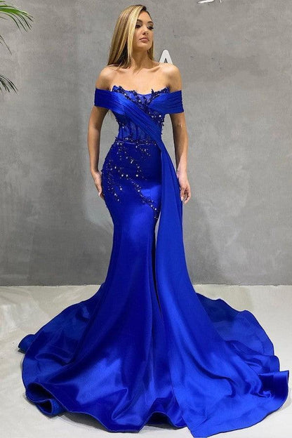 Off The Shoulder Royal Blue Beadings Satin Mermaid Prom Dresses