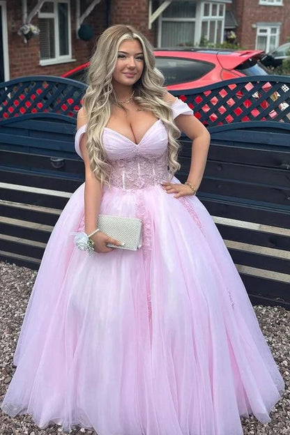 Off Shoulder Appliques Tulle Plus Size Pink Long Prom Dress