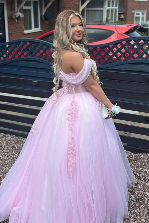 Off Shoulder Appliques Tulle Plus Size Pink Long Prom Dress