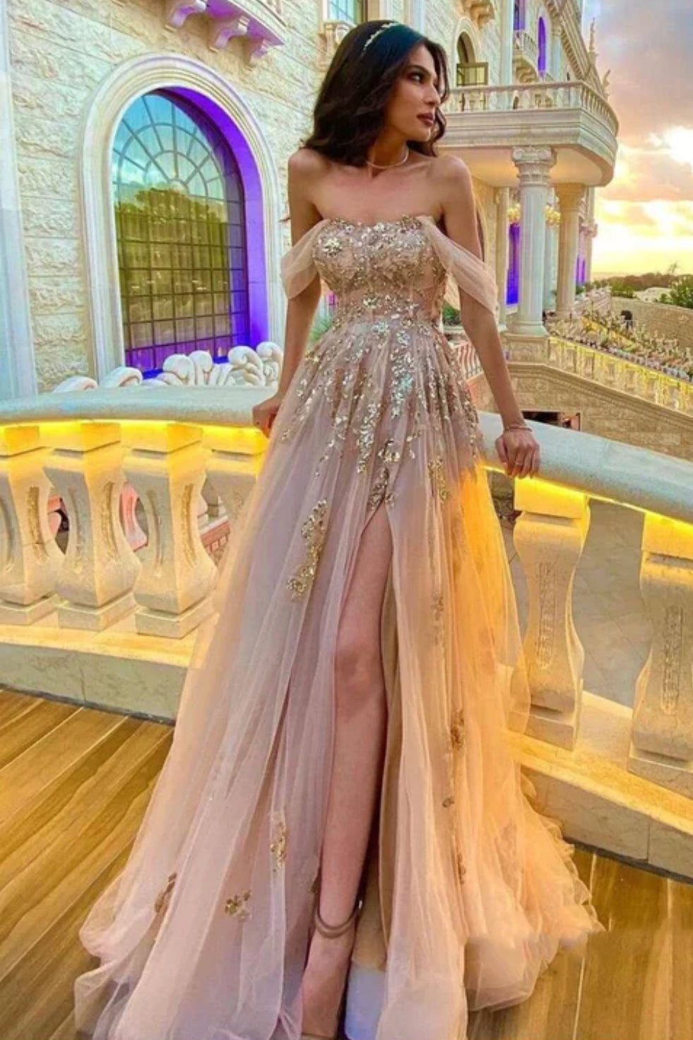Off Shoulder Champagne Tulle Long Prom Dress